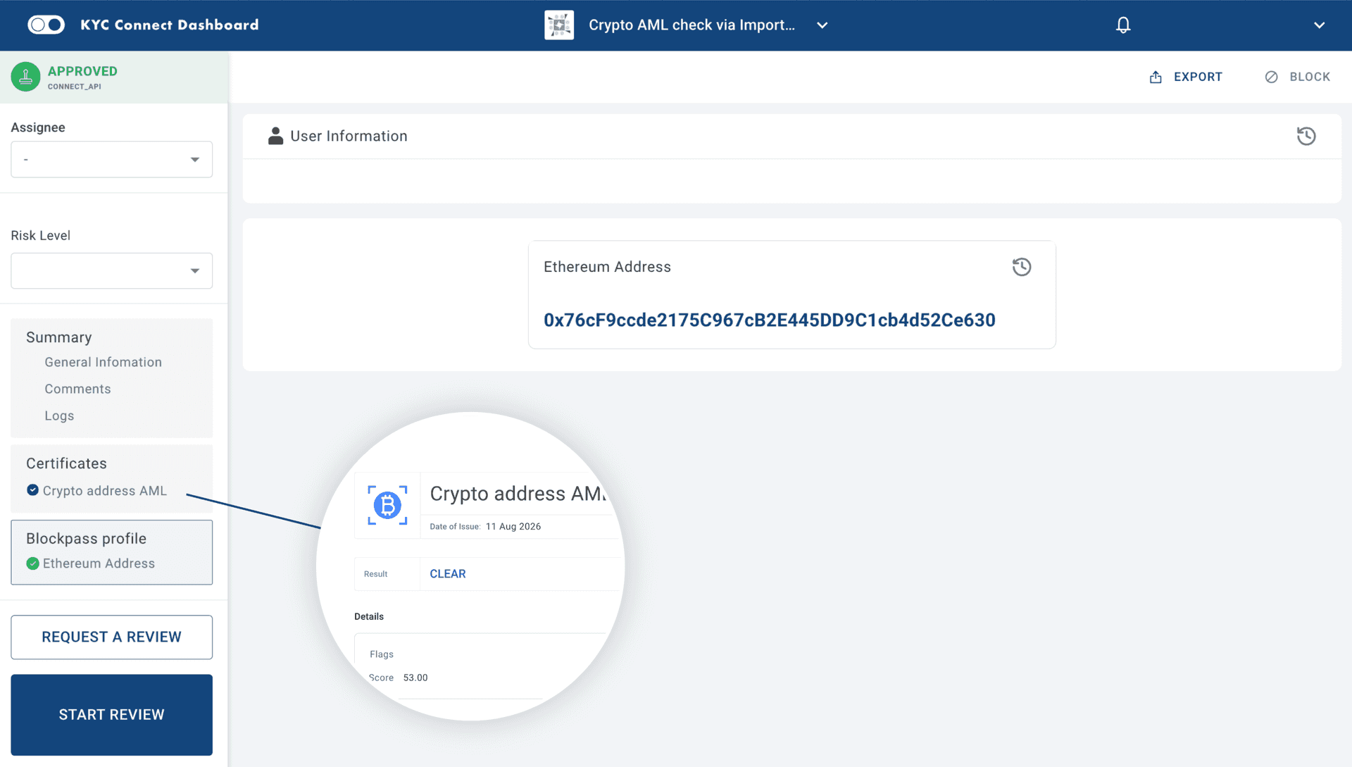 Crypto AML check result in the Blockpass KYC Connect dashboard